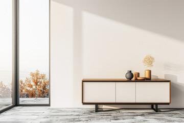 Stylish sideboard next to a big window filling the room with natural lighting in a residential interiors composition. Real Estate and architectural advertising with copy space.