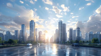 Obraz premium Panoramic Skyline of a Thriving Downtown City with Towering Skyscrapers and Bustling Cityscape