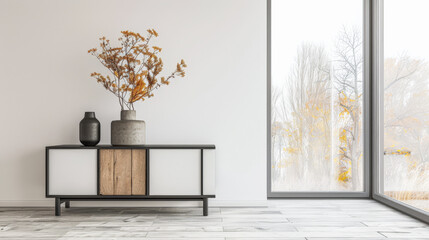Stylish sideboard next to a big window filling the room with natural lighting in a residential interiors composition. Real Estate and architectural advertising with copy space.