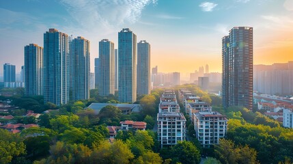 Fototapeta premium Stunning Cityscape with Diverse Urban Architecture and Vibrant Sunset Sky