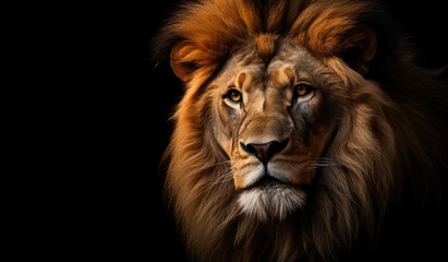 Portrait of a lion on a black background, side view.