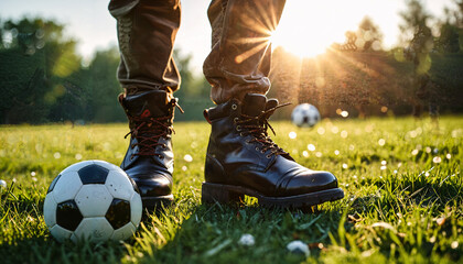 Fototapeta premium Bottes et ballon de football au coucher du soleil