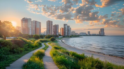 Obraz premium Coastal City Skyline with Boardwalk and Beach at Sunset