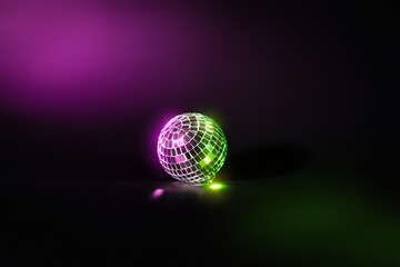 Disco ball on black background with green and purple neon light. Shiny sparkly minimalist party...