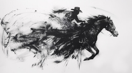 A black and white dirty charcoal art drawing of a cowboy riding his horse.