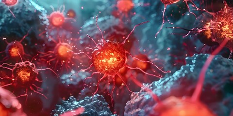 Closeup image of cancer cells forming a tumor mass in the body. Concept Medical Illustrations, Cancer Cells, Tumor Growth, Disease Progression