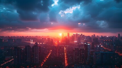 Obraz premium Dramatic Cityscape with Tall Buildings and Sunset in the Background