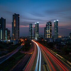 Obraz premium Tricolor Light Trails Illuminating Urban Skyline on Indian Independence Day Evening