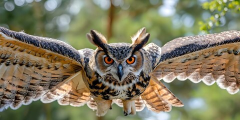 A giant eagle owl with outstretched wings and piercing orange eyes. Concept Birds of Prey, Majestic Owls, Orange Eyes, Wildlife Photography