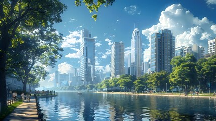 Fototapeta premium Towering Skyline and Riverfront Promenade in Vibrant City Concept