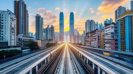 Fototapeta premium Bustling Transportation Hub in Vibrant Urban Cityscape with Towering Skyscrapers and Colorful Sky