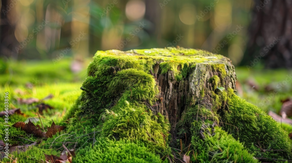 Poster moss covered tree stump with empty space