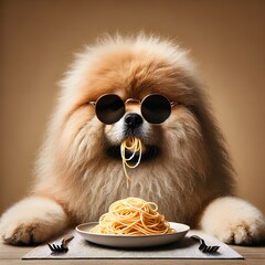 A cute fluffy brown dog eating spaghetti 