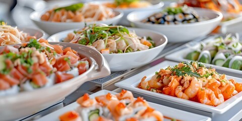Closeup of tray with assorted dishes neatly arranged colorful and appetizing display. Concept Food Photography, Assorted Dishes, Neat Arrangement, Colorful Display, Appetizing Presentation