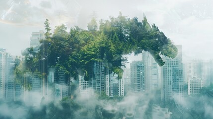 Fototapeta premium forest merging with tall building close up, focus on, copy space, striking visuals, Double exposure silhouette with Tengu spirit