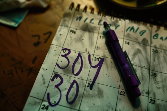 Close Up of a Calendar with the Number 304 Highlighted in Purple