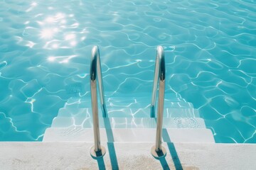 Shimmering pool steps leading into crystal clear blue swimming pool