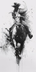 A black and white dirty charcoal art drawing of a cowboy riding his horse