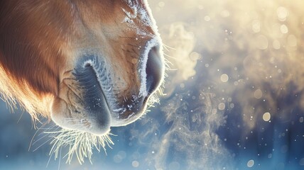 Close-up of horse's muzzle exhaling mist in cold weather