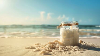 Beach scene with jar filled sea salt on sandy shore, ocean waves in background