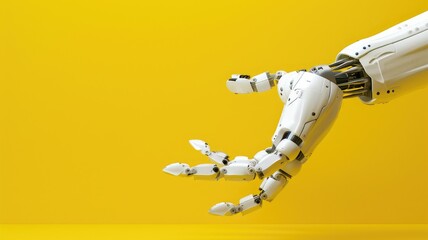 Robotic hand reaching out against yellow background, showcasing technology and innovation