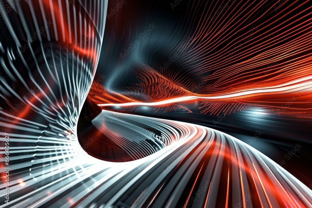 Poster futuristic digital waves flowing in a dynamic red and black abstract pattern