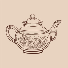 Teapot, mint tea. Hand drawn vector illustration in outline style.