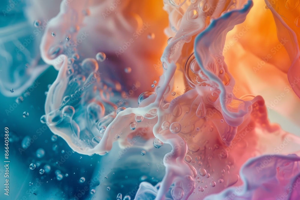 Poster incredible and mesmerizing abstract liquid colors in macro closeup with swirling droplets and dreamy