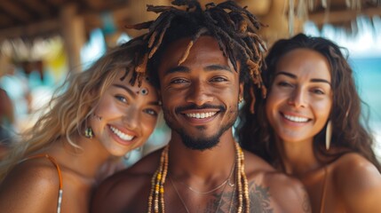 Fototapeta premium Happy Friends Relaxing at a Tropical Beach Resort on Vacation