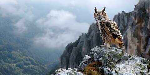 Majestic eagle owl perched on rocky mountain peak watching over its domain. Concept Wildlife Photography, Eagle Owl, Nature, Mountain Peak, Majestic Bird