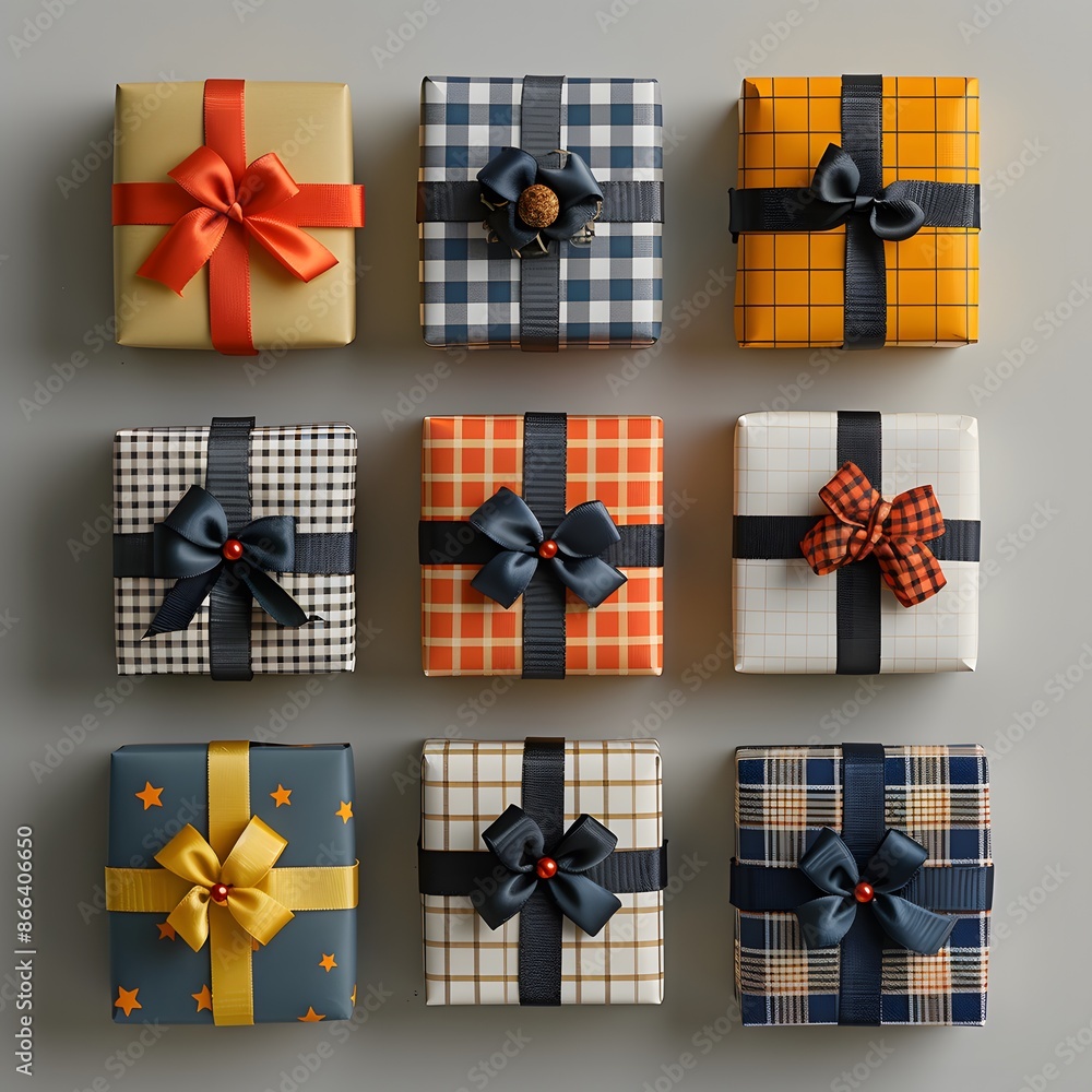 Poster a collection of beautifully wrapped gift boxes with various patterns and colorful ribbons arranged i