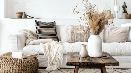 A cozy living room featuring a white sofa with textured pillows, rustic decor, and natural elements, creating a warm and inviting space.
