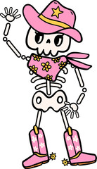Groovy Western Cowboy Halloween skeleton Retro Funky Cartoon Doodle