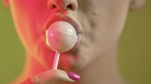 woman licking popsicle with seduction, mouth close-up shot on green background