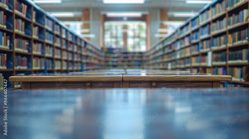 Poster empty library with bookshelves lined up on either side of a table. concept of learning, knowledge, r