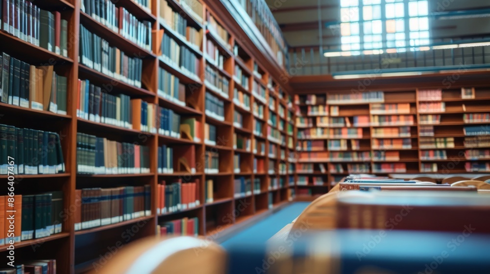 Poster empty library interior with large bookshelf full of books, with a single book in the foreground. con