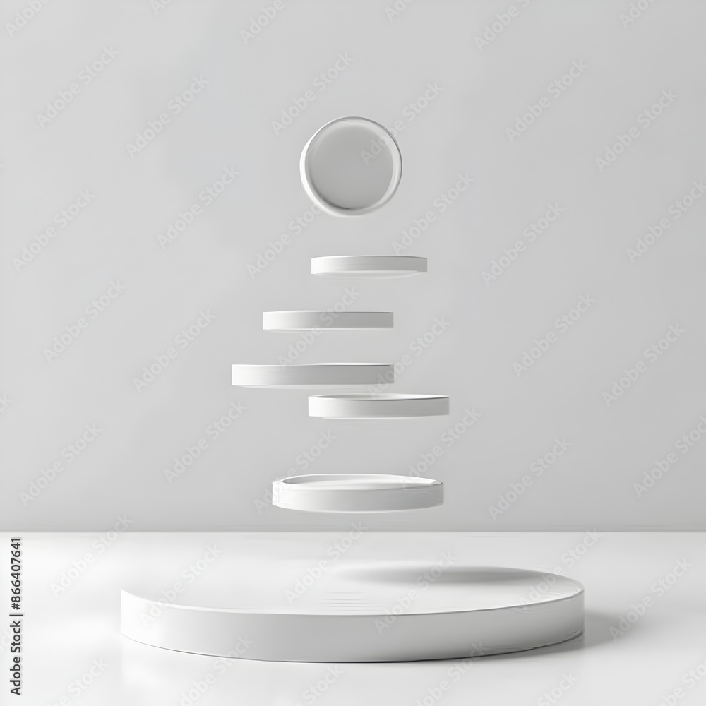 Poster minimalist floating disks on white background for product concept or presentation