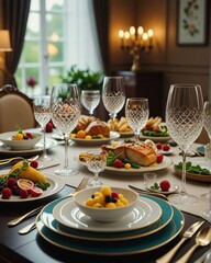Fototapeta premium A vibrant photograph of an elegantly set dining table with gourmet dishes beautifully arranged, exuding luxury and sophistication.