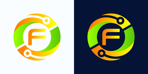 Letter F technology logo with circles and circuit board lines with letter F inside for digital, data, connection in green and orange gradient colors