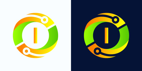 Letter I technology logo with circles and circuit board lines with letter I inside for digital, data, connection in green and orange gradient colors
