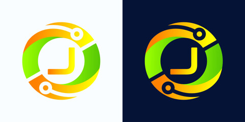 Letter J technology logo with circles and circuit board lines with letter J inside for digital, data, connection in green and orange gradient colors