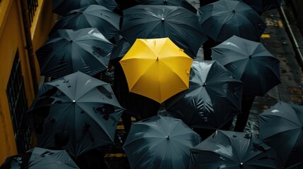  Several black umbrellas and a yellow one in the middle of them