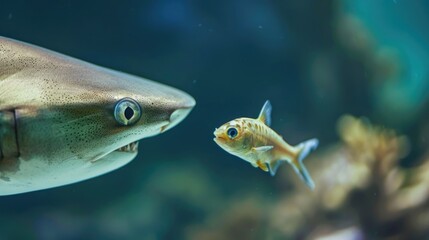 Fototapeta premium Shark facing a small fish.