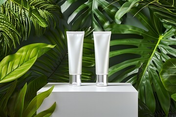 Skincare cream tubes with blank design on a podium, tropical backdrop.