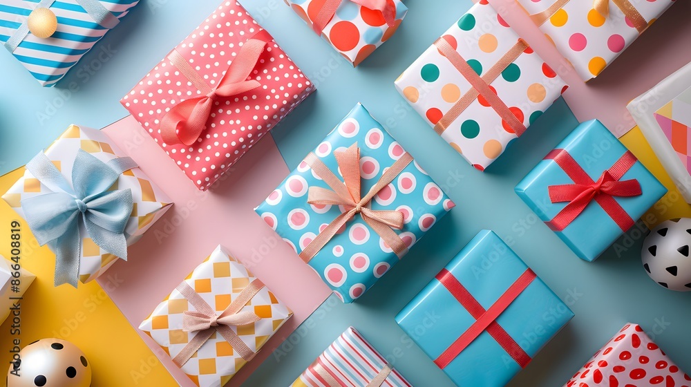 Poster a vibrant array of colorfully wrapped gift boxes with ribbons, arranged on a pastel background, crea