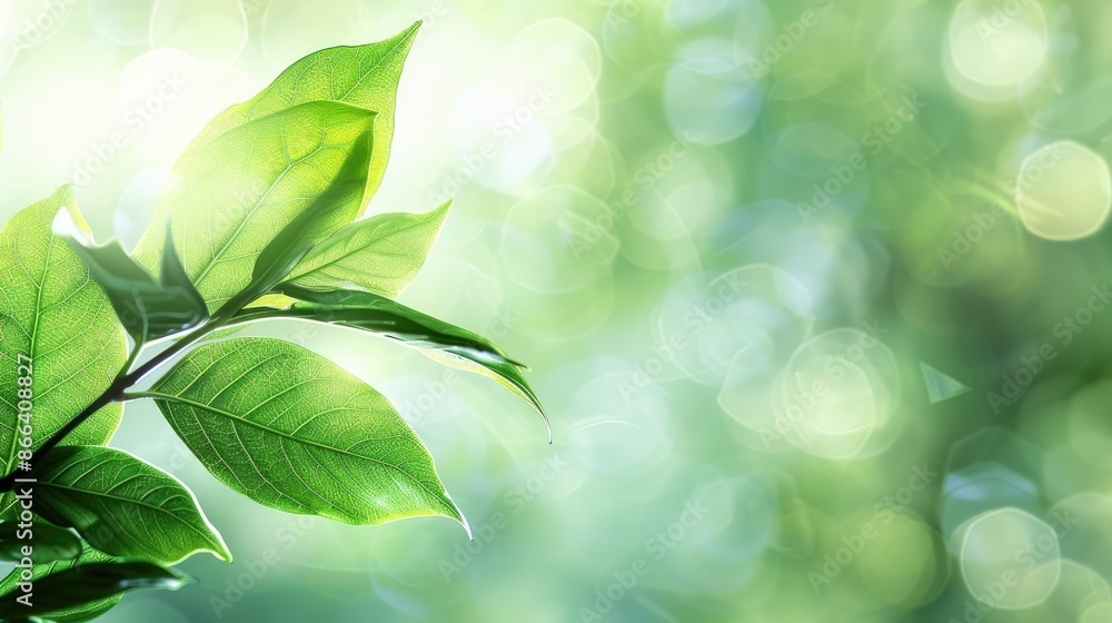 Poster green leaf concept on blurred bokeh background with copy space