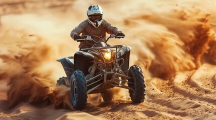 A man speeds across the sandy trails on his quad bike