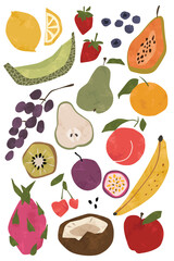 Set of tropical fruit isolated on white background. Colorful exotic fruit collection.