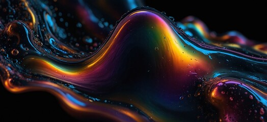 Bold holographic liquid blob shape isolated. Iridescent wavy melted substance on black background