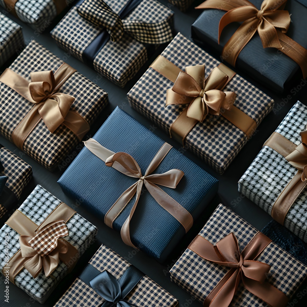 Poster aerial view of multiple gift boxes with elegant wrapping paper and bows, arranged neatly in a grid p